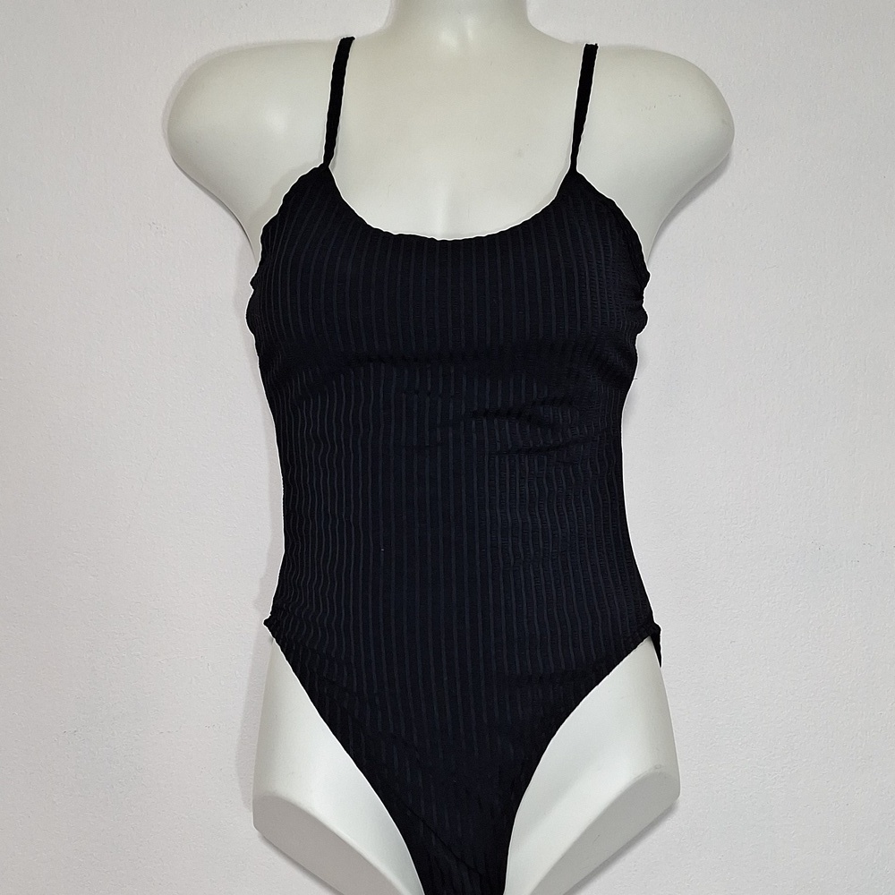 Zaful Black RibbedStriped One Piece  Swimsuit